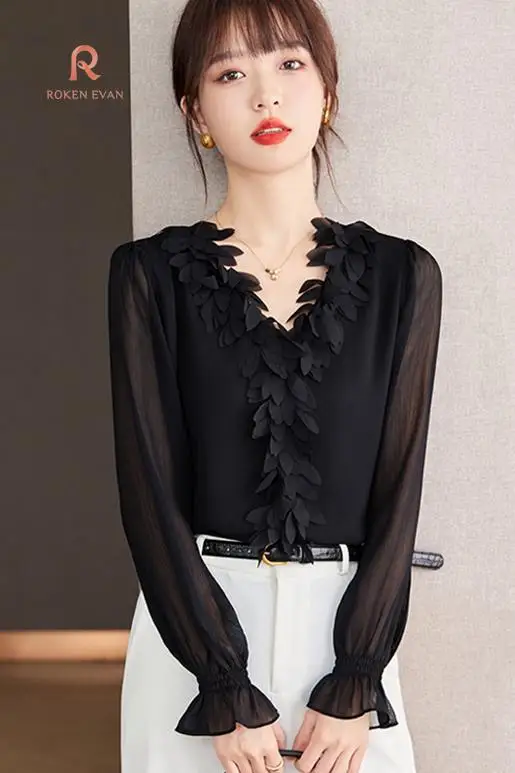 ROKEN EVAN 2024 New slimming solid color V-neck petal splicing long sleeve chiffon blouse for ladies