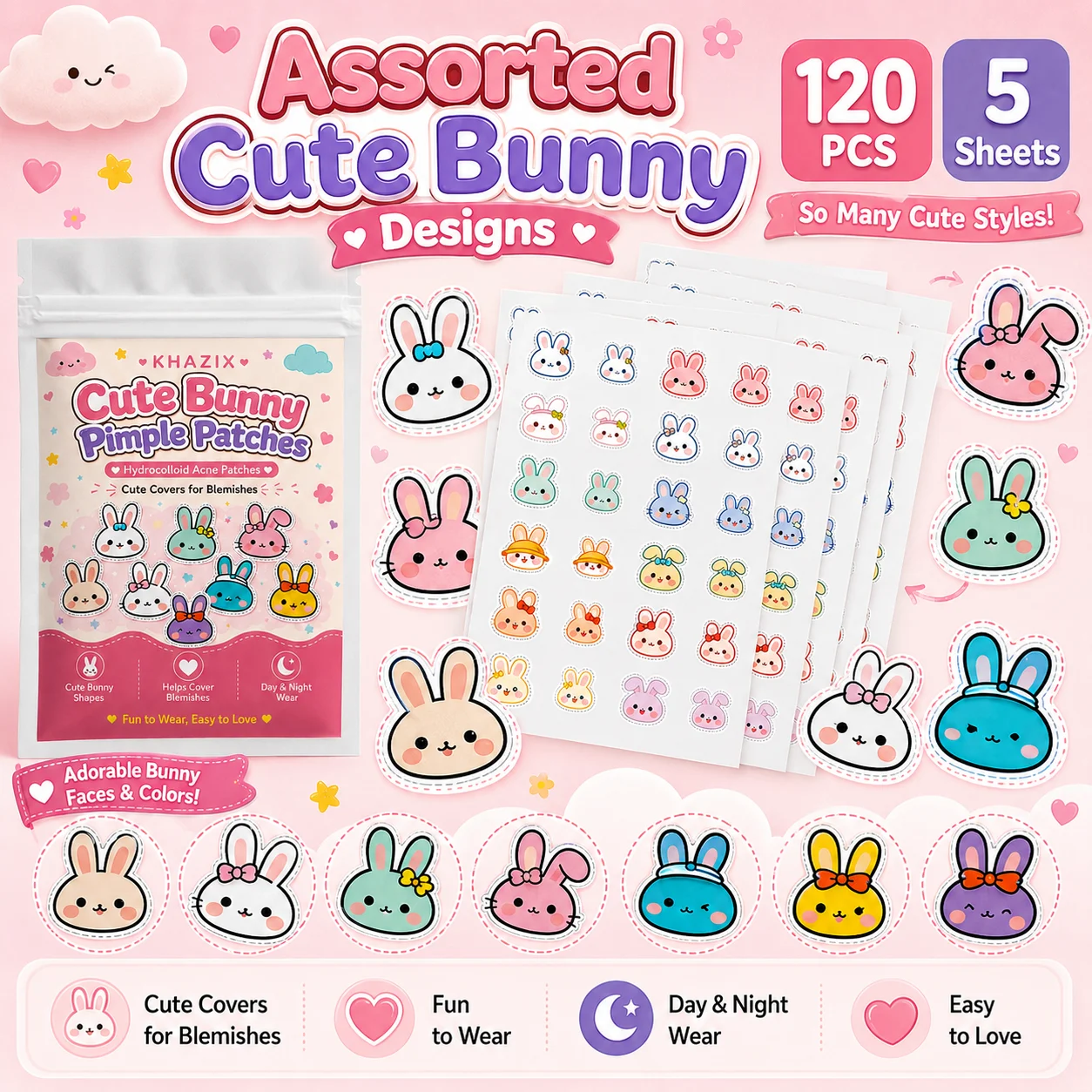 120pcs Cartoon acne patch, cute cat-shaped facial concealer acne patch, safe, non-toxic, gentle and non-irritating