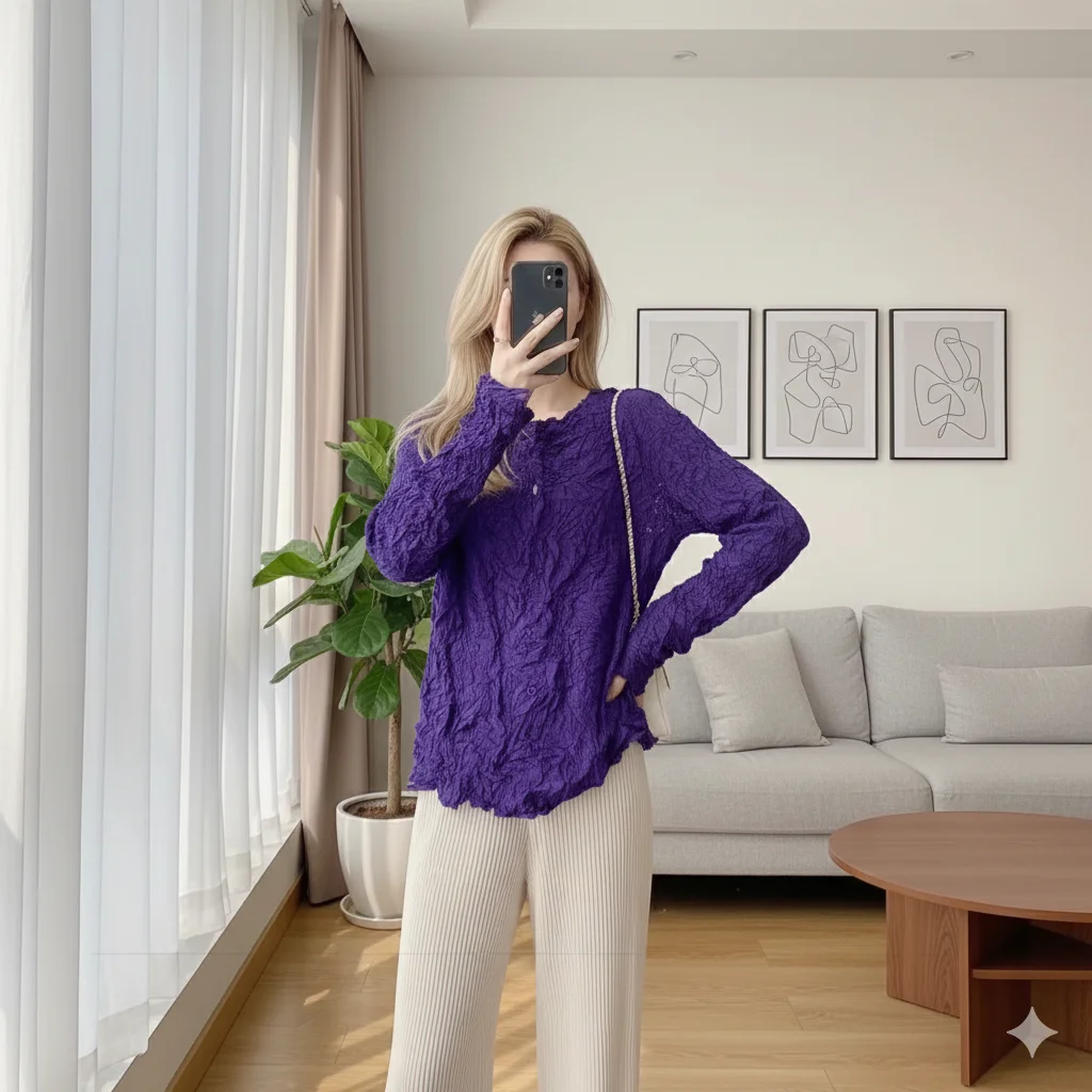 

Miyake Pleated 2026 Simple Solid Color Single-breasted Jacket Female Spring and Autumn Models Commuting Loose Messy Pleated Tops