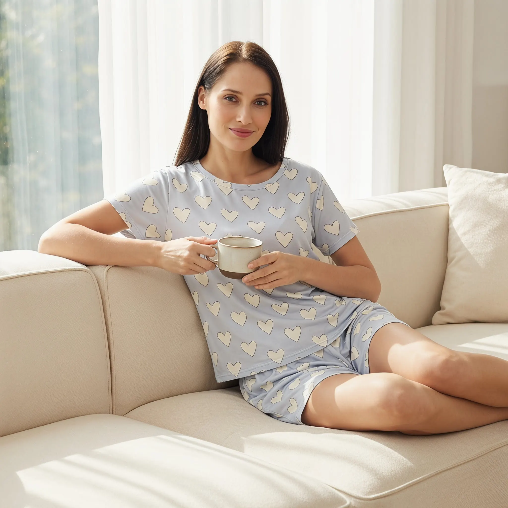 Womens Pajama Sets Short Sleeve Pjs Shorts Summer Pyjama Sets Soft Breathable Pj Sets for Women Crew Neck Shirts Pjs Bottoms