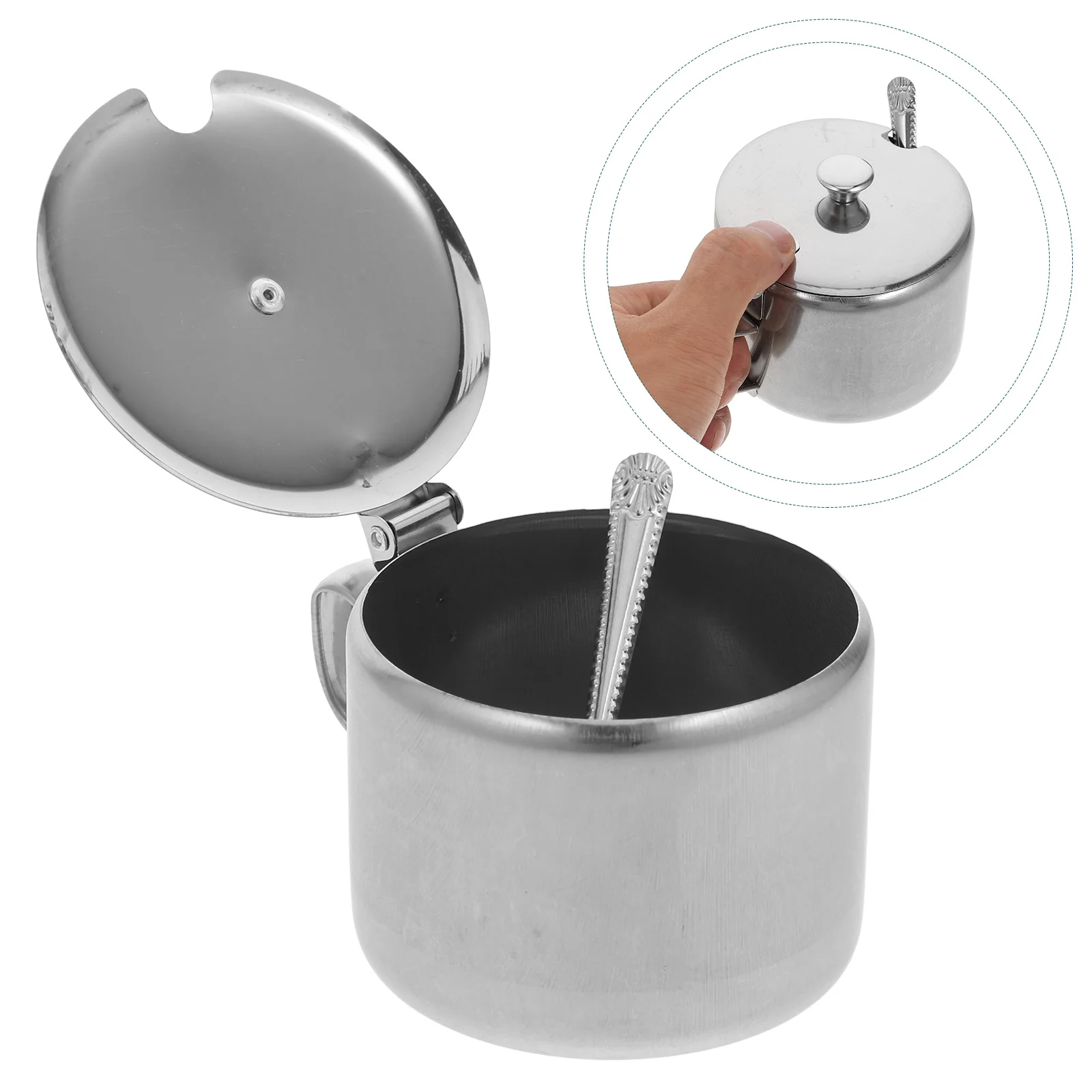 

Stainless Steel Sugar Bowl Spoon Handle 2PCS Condiment Jar Kitchen Seasoning Pot Compact Spice Jar Home Use Pepper Salt