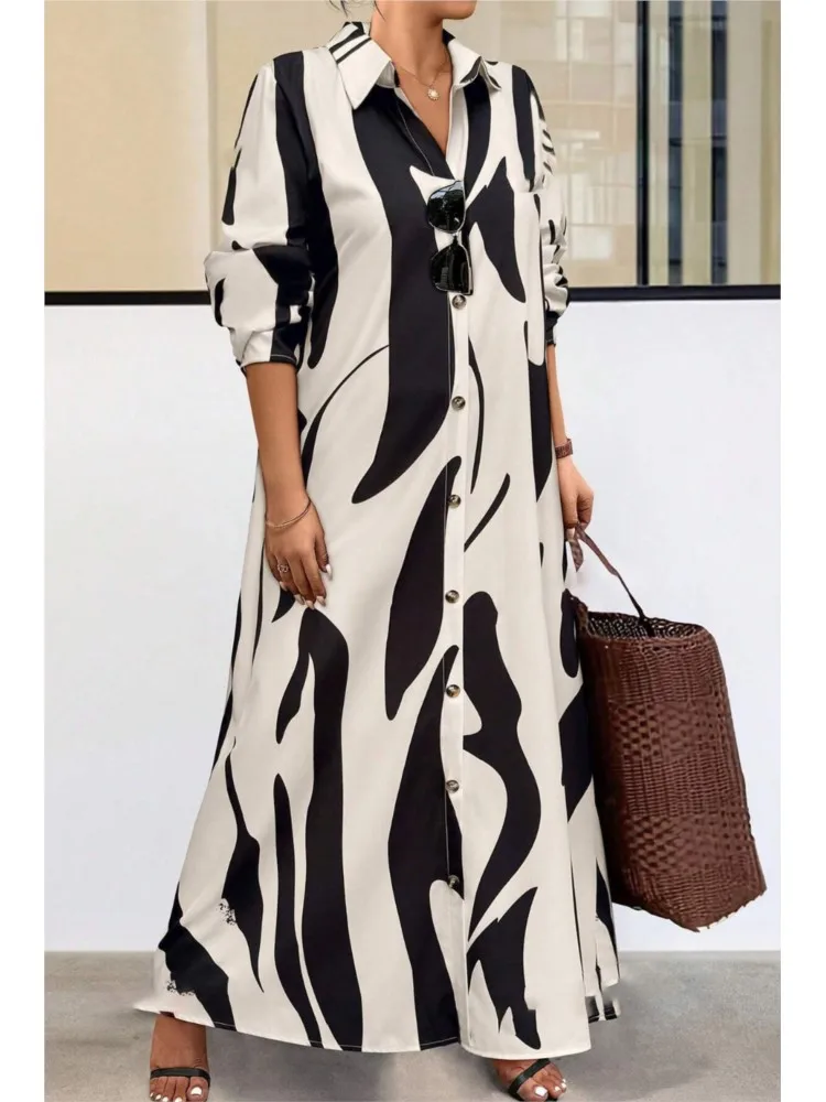 أزياء طباعة اللباس سيدة عارضة طويلة الأكمام بدوره إلى أسفل طوق زر قمصان فساتين للنساء عطلة الربيع الملابس النسائية الجديدة