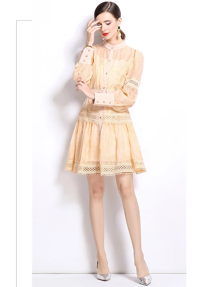 春秋フレンチレトロパーティー長袖ミニドレス女性の刺繍レースシングルブレストウエスト誕生日ドレス S125