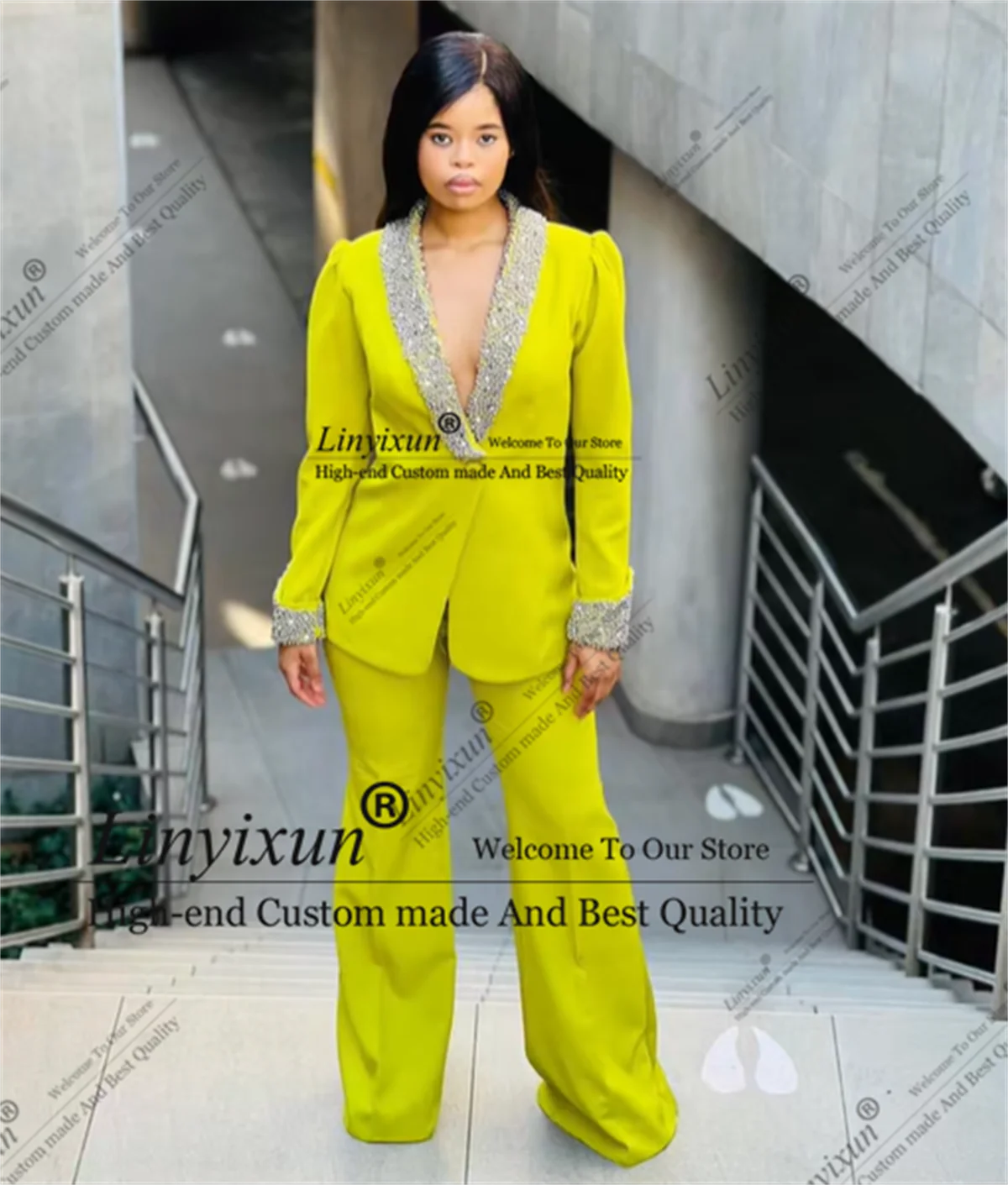 Shiny Crystal Suit for Women Diamond lapel 2 Piece Jacket Pants Female Clothing Fashion Office Lady Slim Customized Blazer Set