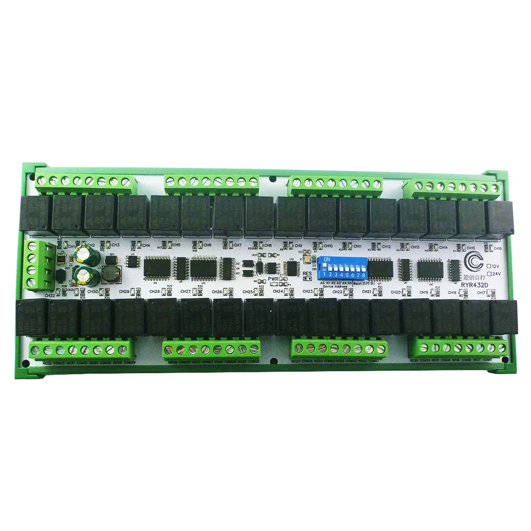 Easy to Install DIN Rail Box DIP Switch Setup Parameters DC 12V 24V 20A 32CH Modbus RTU RS485 Relay Module RYR432D