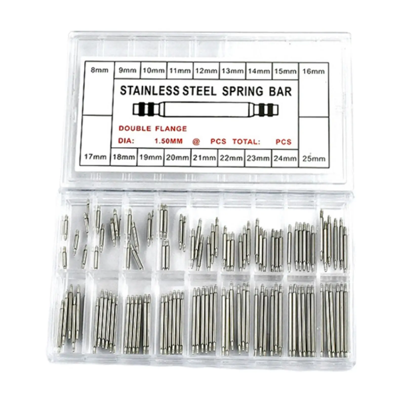 144x Stainless Steel Spring Bars, 8-25mm Watchmakers Release Double Flange Repair Kit, 18 Sizes Replaces Straight Pins