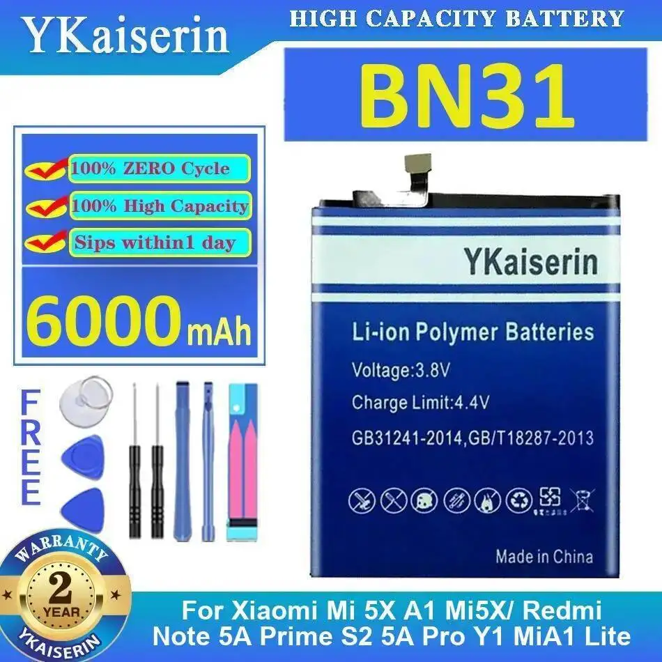 

Аккумулятор мобильного телефона высокой совместимости BN31 6000 мАч для Xiaomi MI 5X A1 Mi5x Redmi Note 5A Prime S2 Pro Y1 Mia1 Lite
