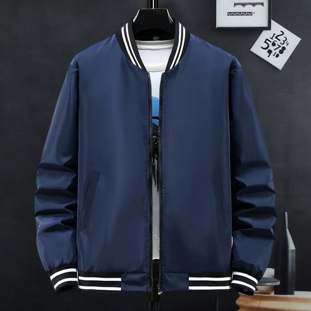 

Men Baseball Jacket Stylish Men's Baseball Jacket With Stand Collar Long Sleeve Striped Patchwork Design For Gym For Active