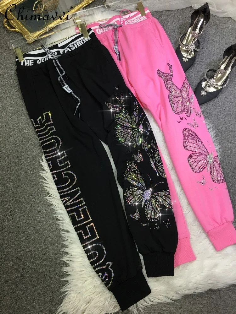 Europeanheavy Hot Diamond Sweatpants Women's Autumn and Winter Fashion Luxury Butterfly Elastic Waist Casual Sports Long Pants