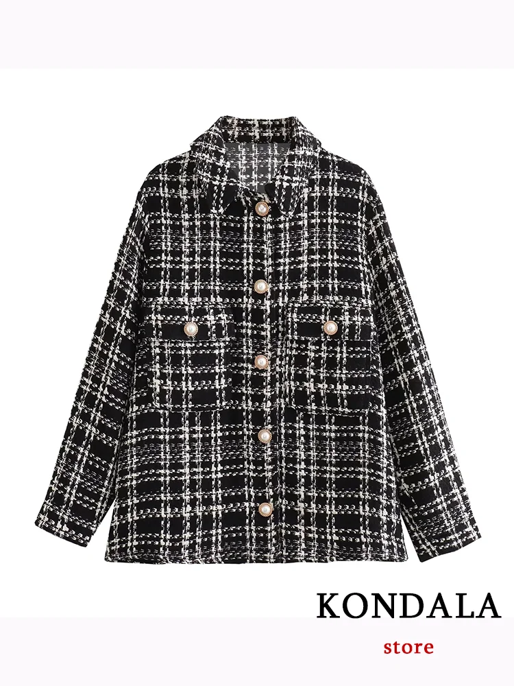 

KONDALA Casual Chic Women Plaid Jackets Pockets Single Breasted Long Sleeve Coats New Fashion 2023 Autumn Jackets Outwears