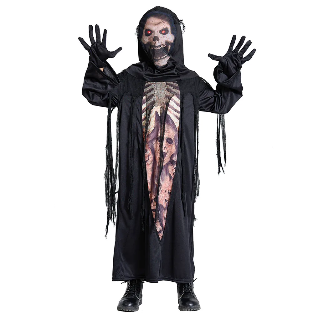 Boys Halloween Black Death  Azrael Costumes Kids Children Devil Ghost Skeleton Robe Cosplay Carnival Purim Role Play Party Dress
