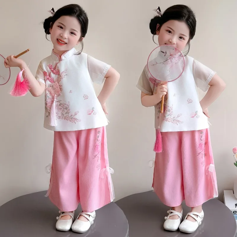 Girls Set Summer Thin 2026 New Style Baby Girl Chinese Style Buckle Two Piece Set Childrens New Chinese Summer Outfit