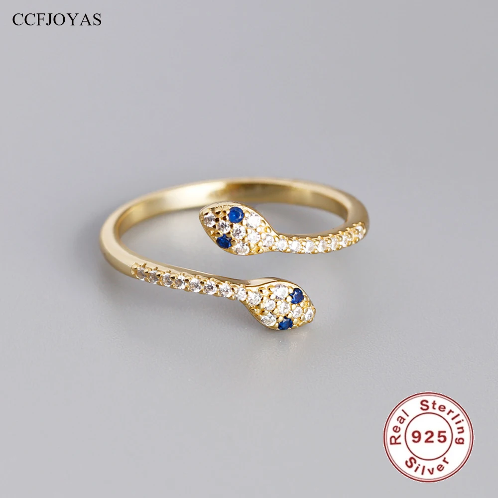 

CCFJOYAS 925 Sterling Silver Snake-shaped Open Ring for Women European and American Simple INS Blue Zircon Animal Ring Wholesale