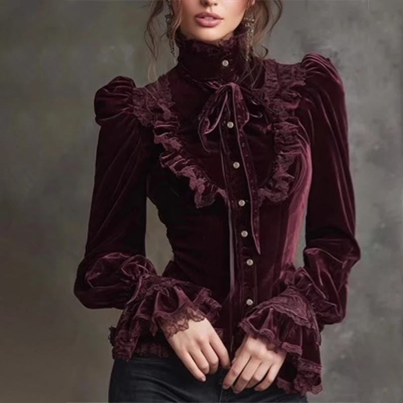 

Elegant Velvet Blouse for Women Flare Sleeve Single Breasted Bowkont Lace-up Blouse High Neck Lace Trim Vintage Blouse Tops