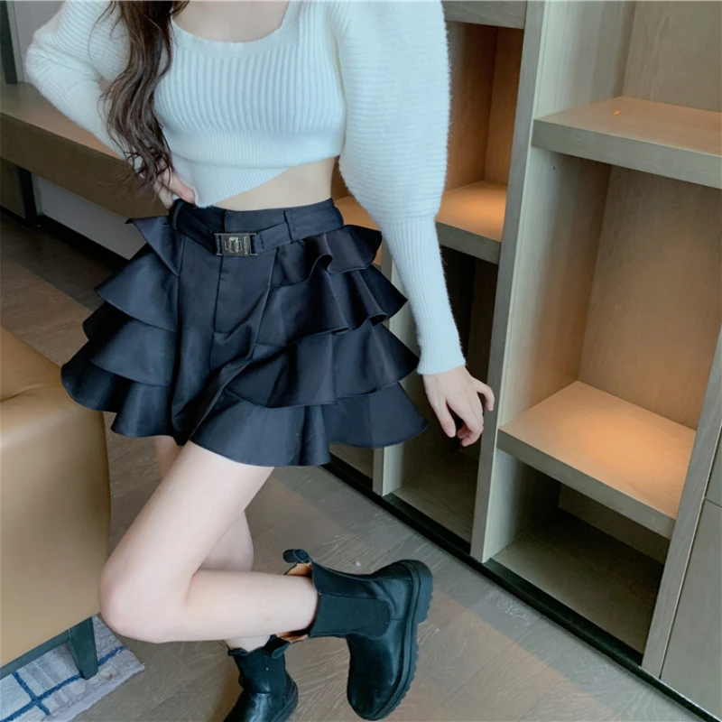 High Street Y2k Korean Skirt Women Ruffles Designer Slim Party Casual Skirt Female Black Gothic Sexy Sashes Chic Vintage Clothes