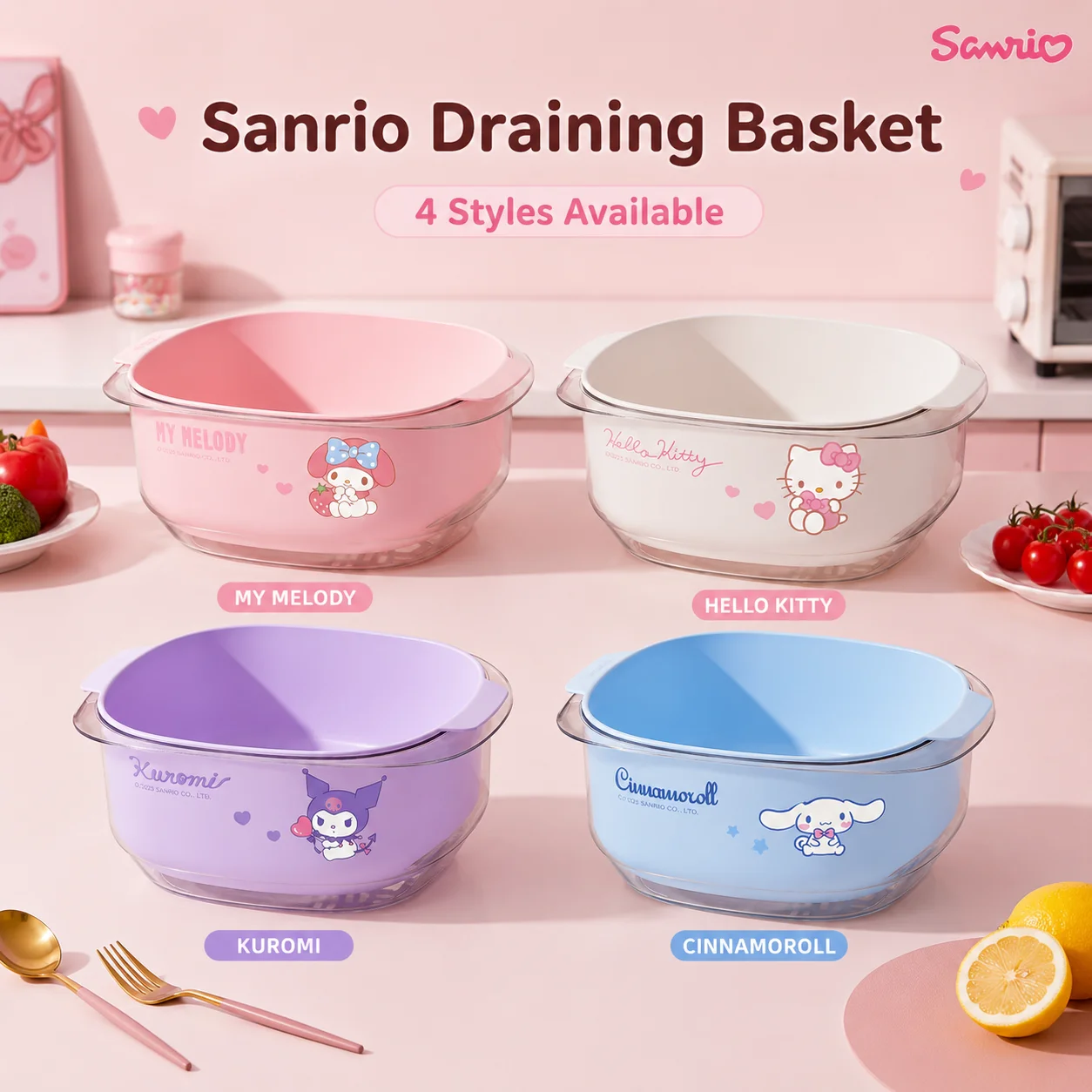 Sanrio Abtropfkorb 2-in-1 Doppelschichtige Obst- und Gemüsewaschschüssel Kawaii Cartoon My Melody Siebkorb