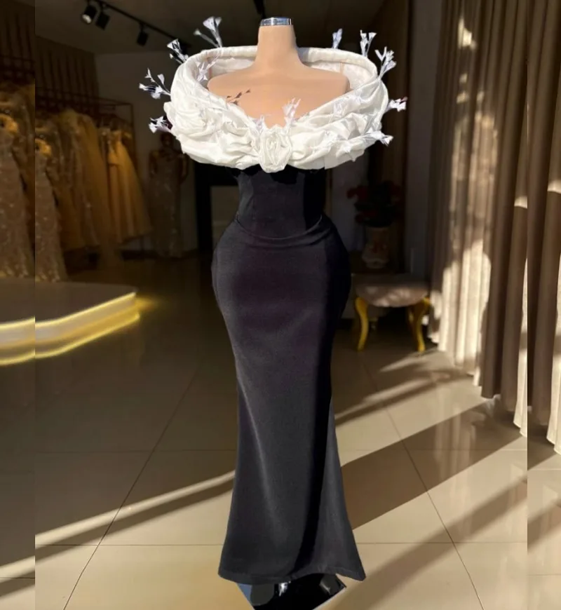 

Elegant Evening Dresses Handmade Flowers Black And White Wedding Party Dress Long Mermaid Prom Gowns African Luxury Customized