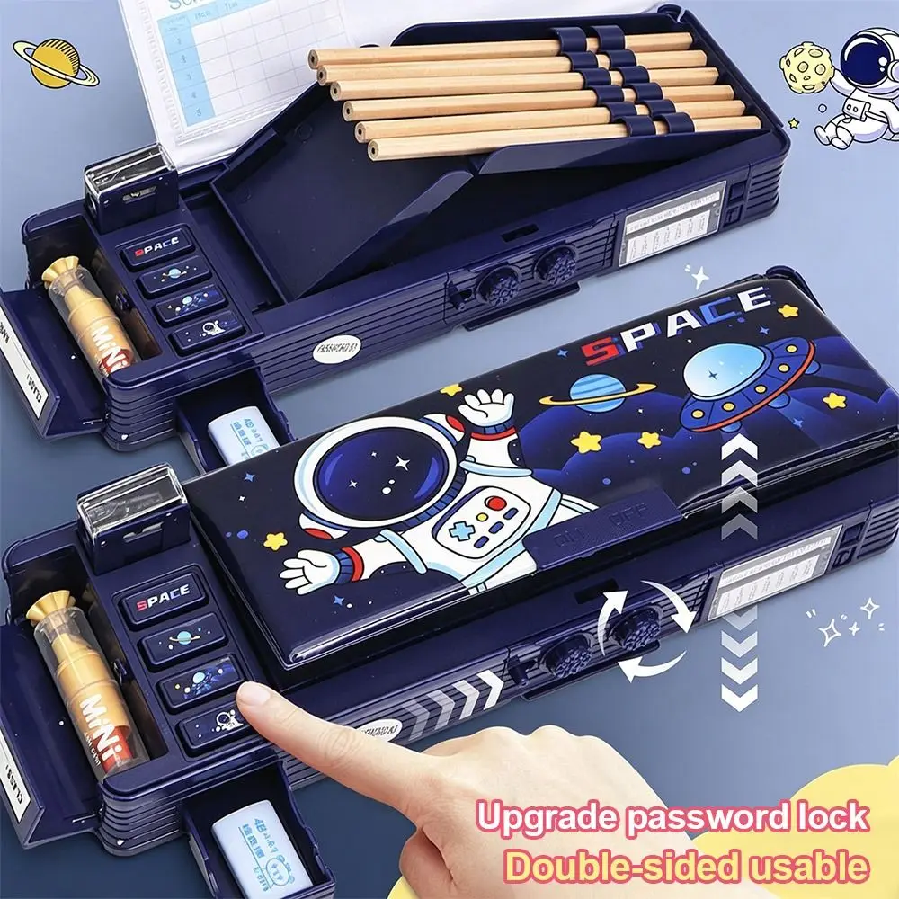 Dual Password Lock Pencil Case Automatic Pop-Up Storage Organizer Stationery Box Double Layers Stationery Case School Office
