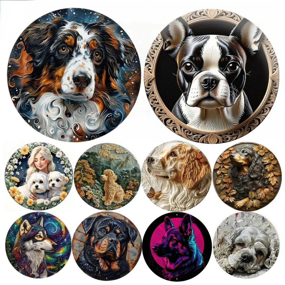 Round Metal Aluminum Sign Art Cute Dog Wreath Decorative Plates Entrance Decor Gift Mask Theme For Bar Club Home Room Wall Decor