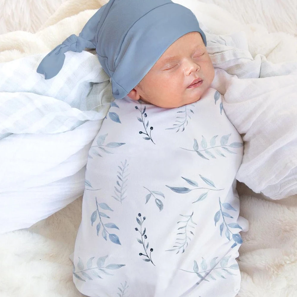 Ylsteed Newborn Photography Wrap with Matching Hat Leaves Printed Stretch Swaddle Infant Photo Shooting Outfits