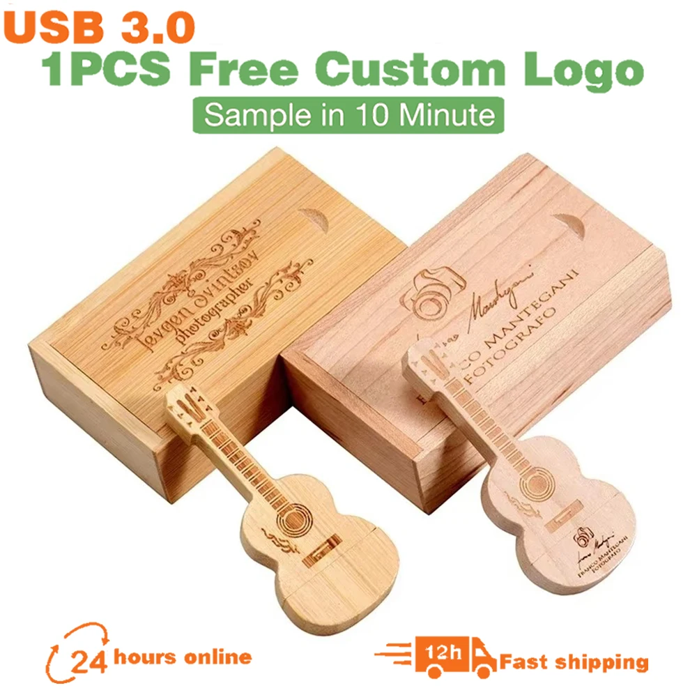 High Speed Wooden Guitar USB 3.0 Flash Drive 128GB Free Customized Logo Pen Drive Wooden Box Memory Stick Music Creative Gift