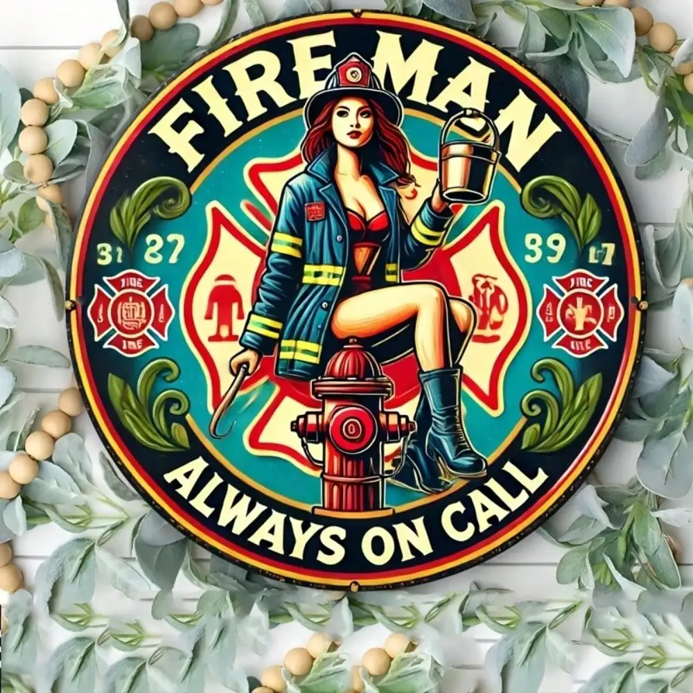 Vintage Feuerwehrmann-Blechschild, 20,3 x 20,3 cm, rund, Metall-Wanddekoration für Männerhöhle, Garage, Hausbar