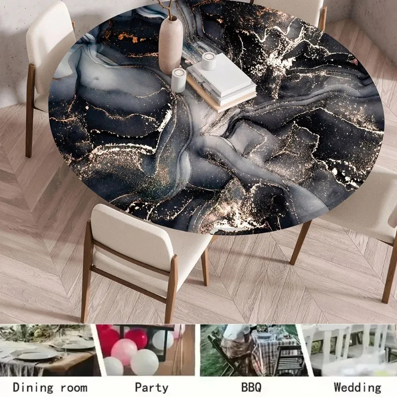 

Round Waterproof Tablecloth Elastic Fitted Polyester Anti Scald Washable Table Mat for Kitchen Dining Home Decor Marble Design