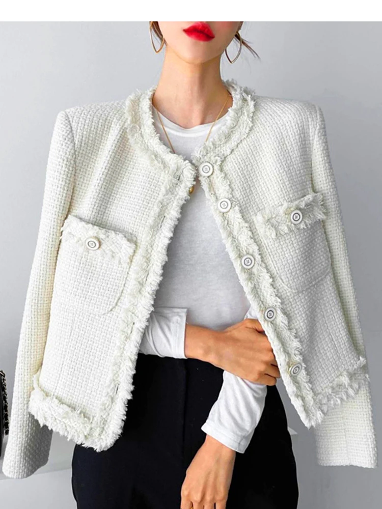 

Spring Autumn Women's Coat Korean Chic French O-Neck Unique Single Breasted Loose Pocket Woolen Floral Coat Tops KK819