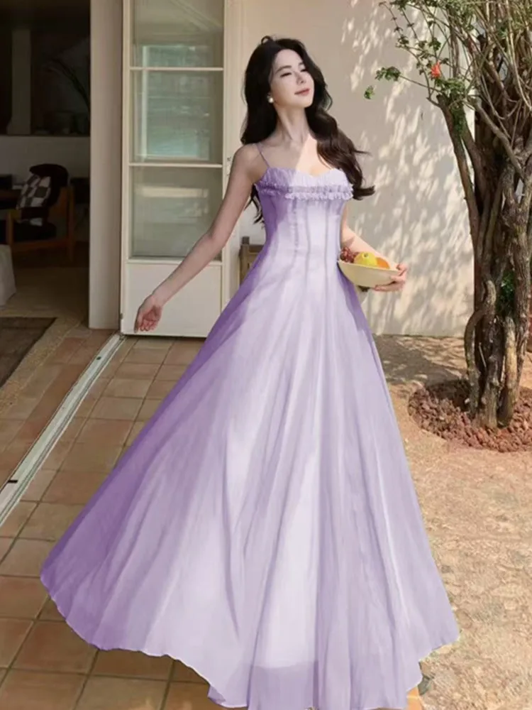 

Women Summer Holiday Slim Fit A-Line Mesh Maxi Dress Fairycore Pleated Backless Suspender Dress Elegant Femle Party Clothing