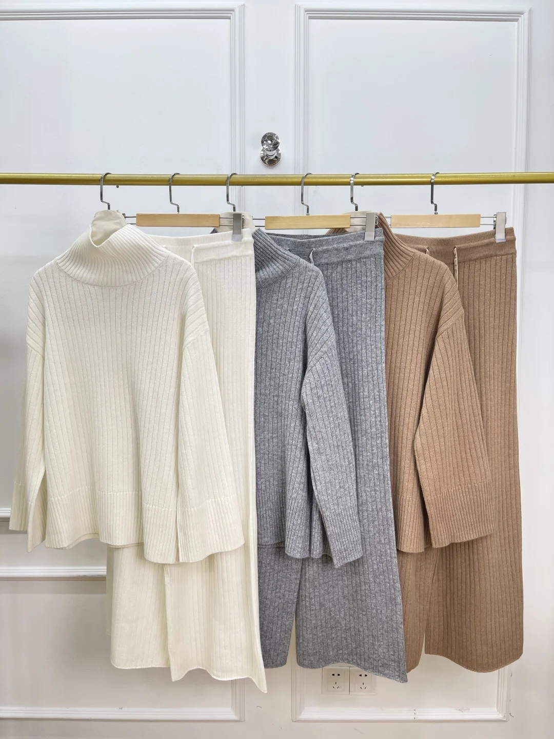 

Women Wool Blend Pants Suit Elastic Waist Straight Trousers + High Neck Long Sleeve Sweater Loose Knitted Set