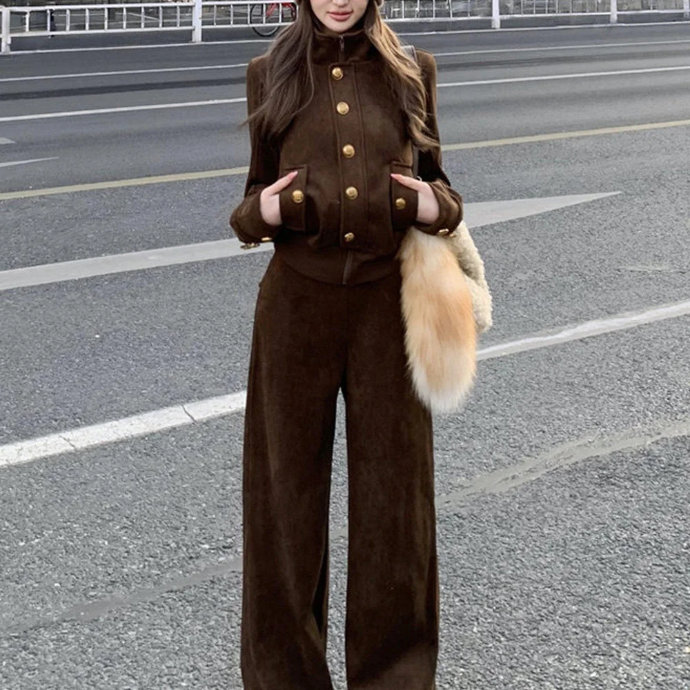 Retro Slimming Temperament Jacket And Wide Leg Pants Two-Piece Set for Women Autumn Winter Advanced Style