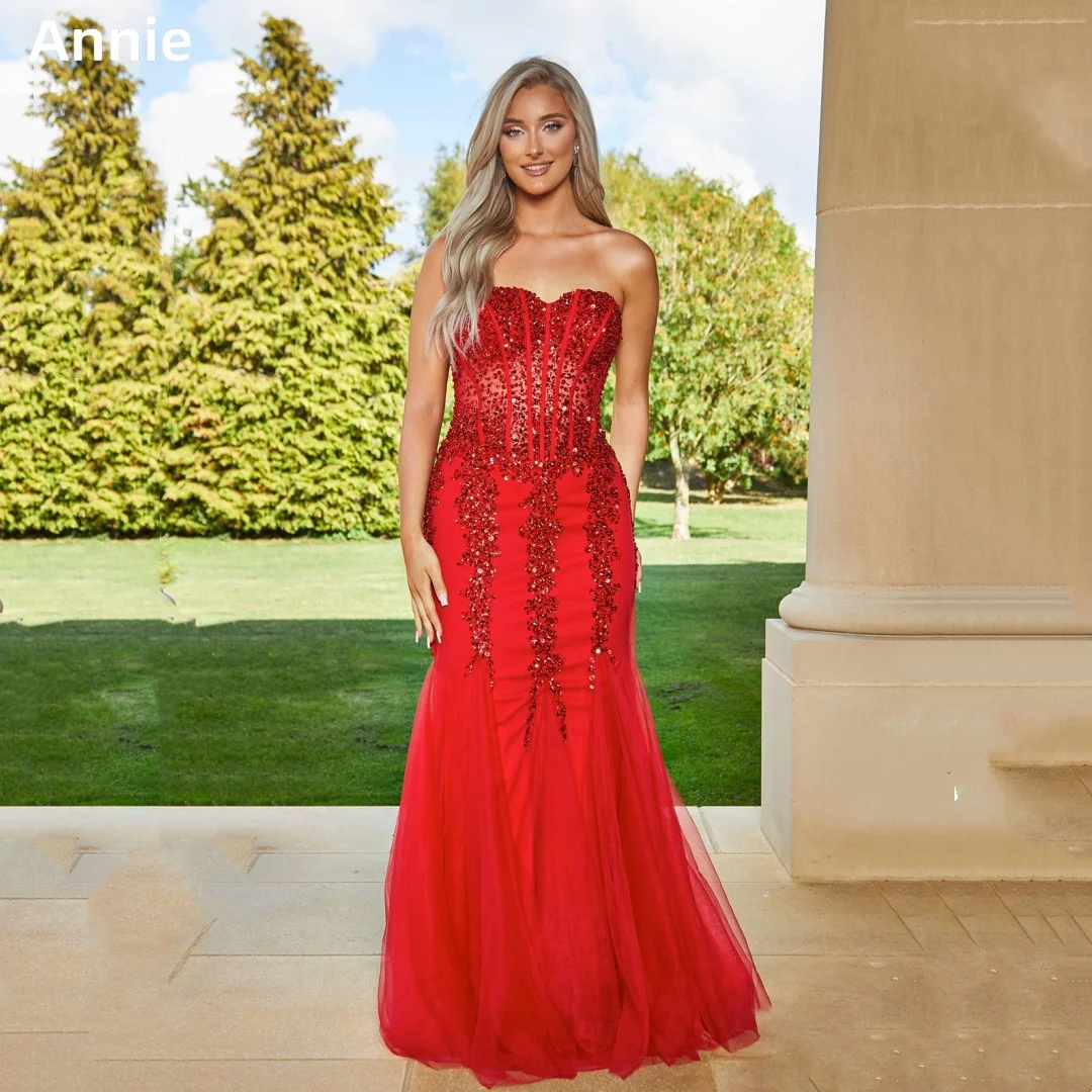 Annie Red Wedding Dress Glitter Sequined Tulle Prom Dresses Tulle Off-shoulder Mermaid Elegant Lady Bespoke Occasion Dresses