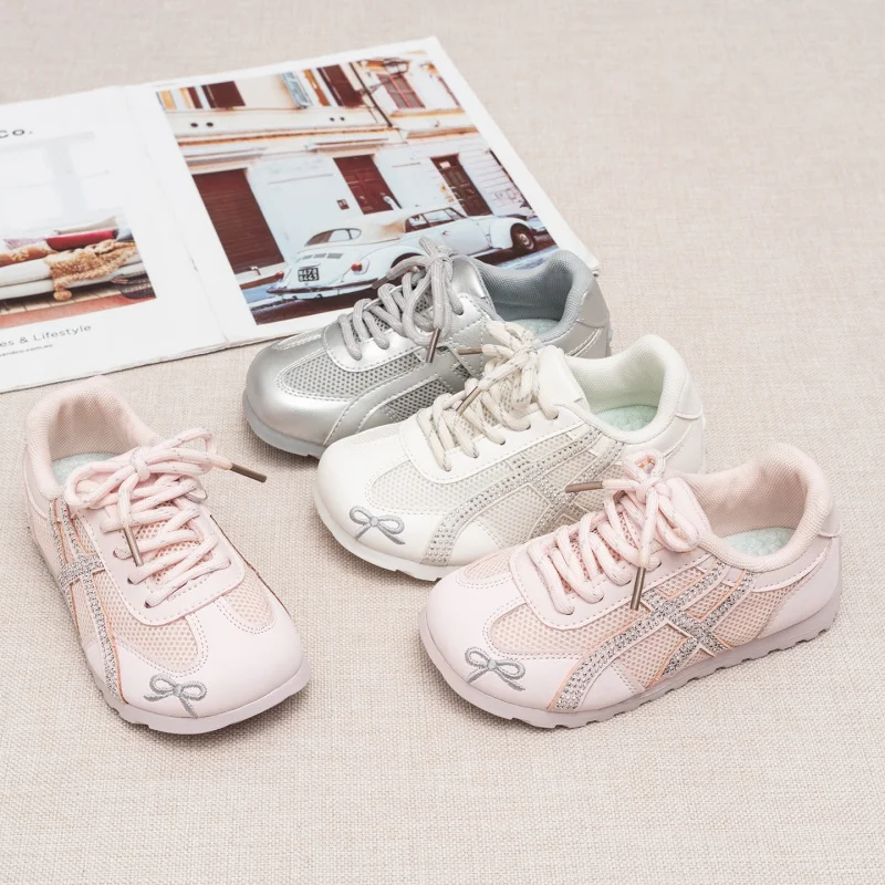 Fashion Kids Girls Glitter Sneakers Breathable Mesh Bow Lace Up Lightweight Sports Shoes for Toddler Little Girls Casual Wear