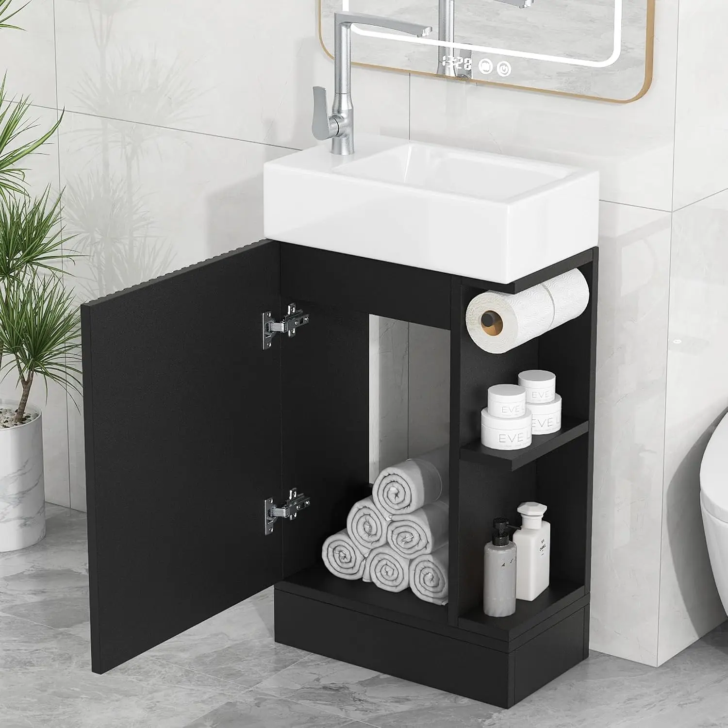 18 Inch Modern Bathroom Vanity With Sink Bathroom Storage Cabinet Top Surface Frame Wooden Shelf Toilet Paper Holder Organizer Restroom Furniture For Small Space Studio, Wood Color - view 4