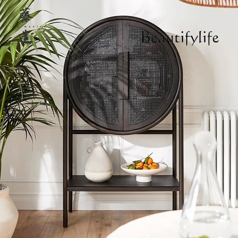 

living room bed and breakfast bedroom storage cabinet retro Nordic solid wood rattan circular locker simple