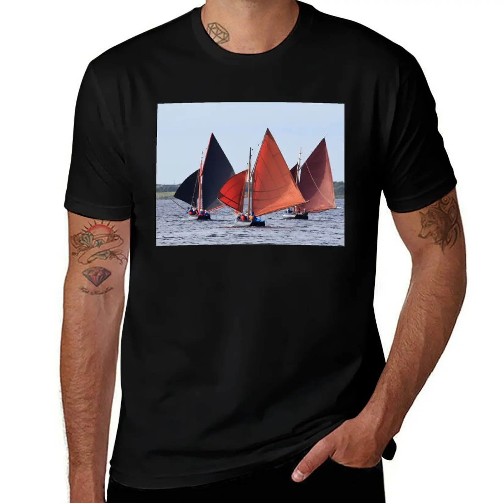 Three Irish boats (Galway Hookers) with red sails T-Shirt Casual Everyday Wear T-Shirt