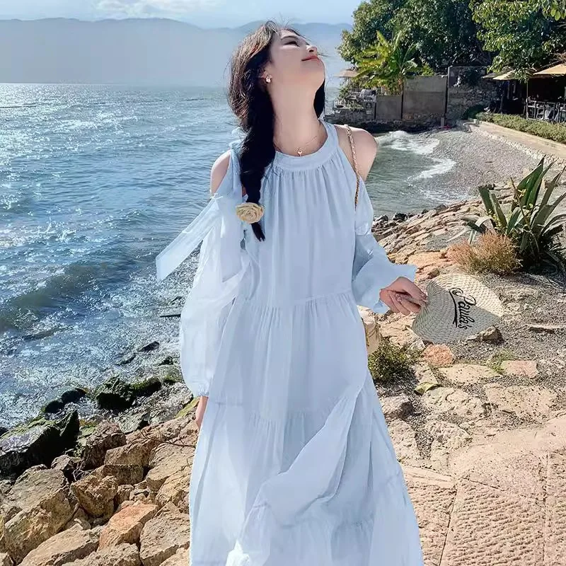 

Платье без рукавов с нежным вырезом во французском стиле, темпераментный жилет, юбка, длинная юбка для пляжного отдыха, элегантная женская одежда