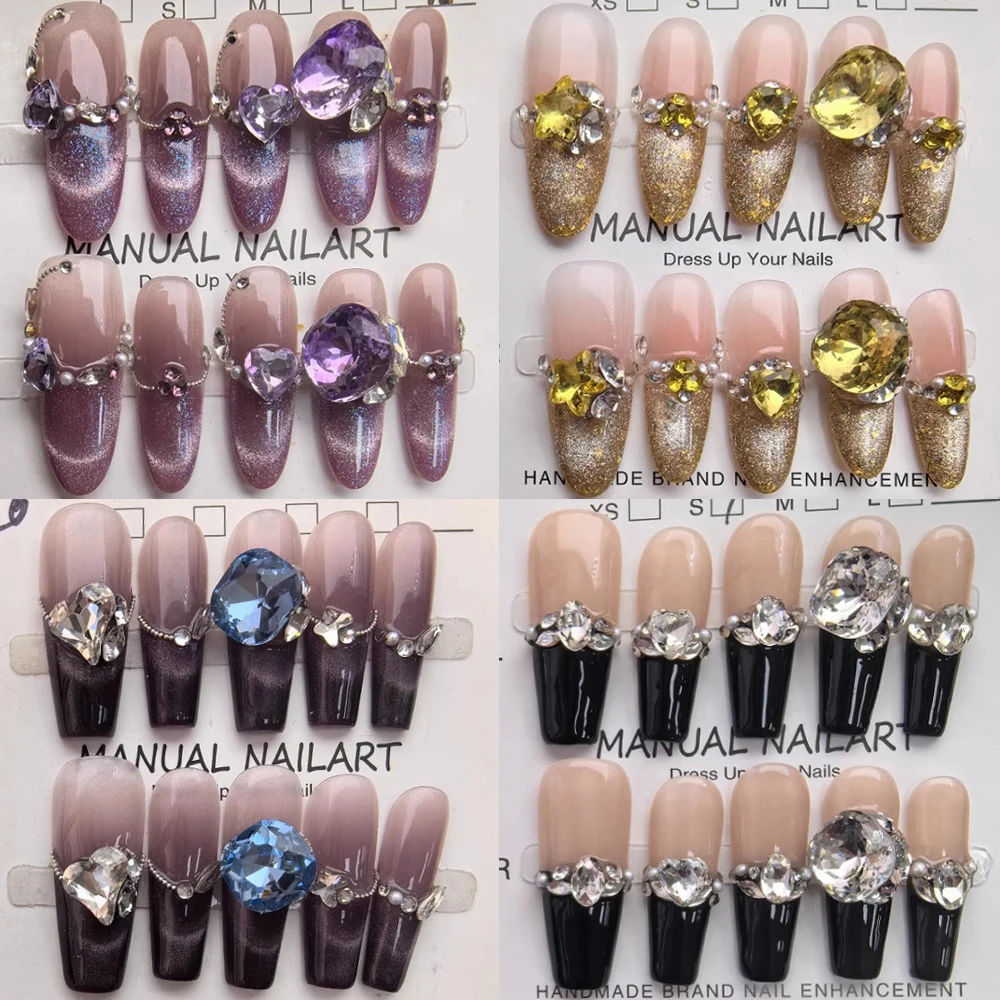 

10Pcs Handmade Elegant Luxurious Glitter Diamond False Nail French Style Multicolour Cat Eyes Long Coffin Ellipse Fake Nail