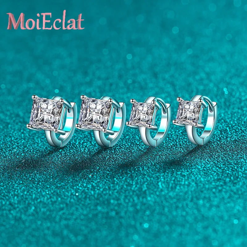 

For Women Sparkling Platinum Pt950 Hoop Earring 1ct/2ct D Color Princess Square Moissanite Ear Buckle Diamond Wedding Jewelry
