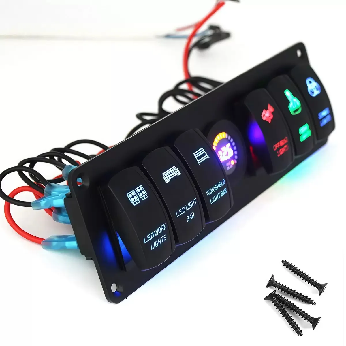 6+1 MARINE ROCKER SWITCH PANEL WITH WIRING HARNESS, LED INDICATOR LIGHT AND VOLTMETER, UNIVERSAL FOR YACHT, BOAT, CAR AND RV