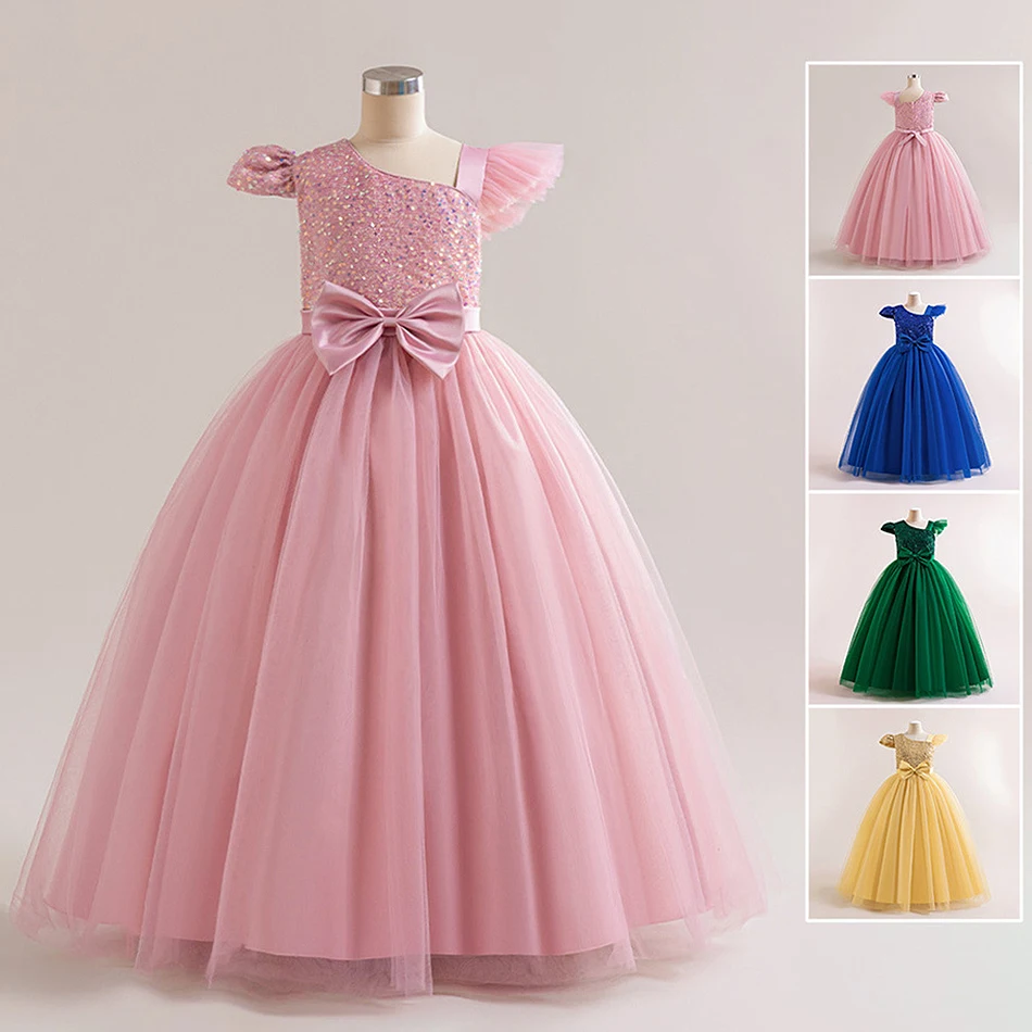 

Girls Solid Sequin Mesh Bow Formal Evening Gown Kids Piano Performance Host Costume Children Wedding Elegant Princess Dress