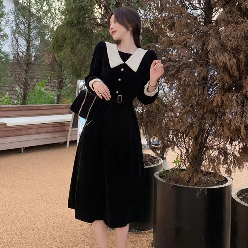 Dresses Women Vintage Design Fashion Temperament British Style Peter Pan Collar Leisure Empire Sweet Patchwork Stylish Vestidos