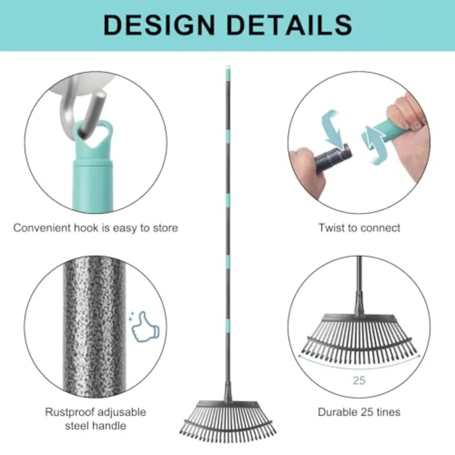 Ancinho de folhas de jardim resistente com 25 dentes de metal, alça ajustável de 18,5 polegadas de largura e 6 pés para quintal eficiente, gramado, arbustos e jardim le