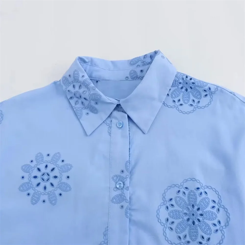 UNIZERA2024 Summer New Women\'s Wear Simple and Elegant, Versatile, Glue Pressed Hollow Embroidery Decorative Poplin Shirt