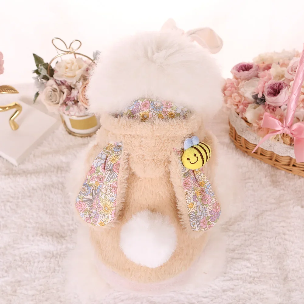 Pet Rabbit Fur Coat Cute Rabbit Ears Small Dog Autumn and Winter New Floral Cotton Jacket Thickened Cute Pet Coat Puppy Clothes