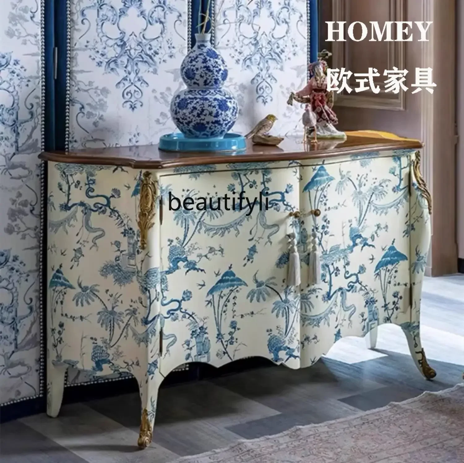 B178 home retro entrance cabinet blue and white porcelain hand-painted decorative cabinet painted side cabinet high-end2936
