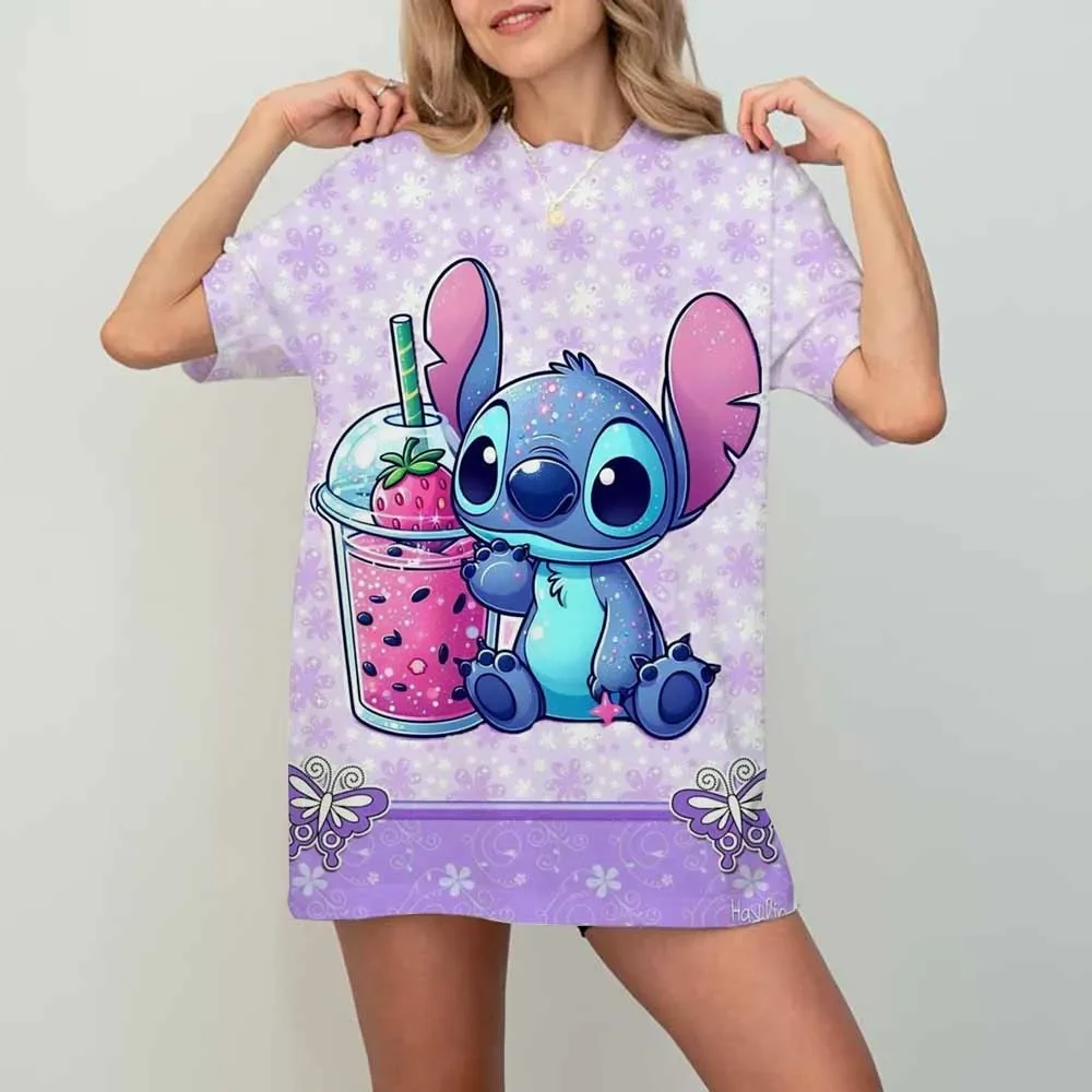 

Женская футболка с принтом Kawaii Lilo Stitch, женская летняя футболка, повседневная футболка с круглым вырезом Ohana Stitch Disney