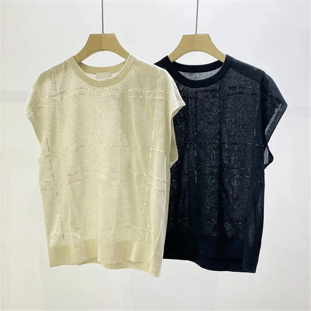 2024 B*C Summer Women's T-shirt Thin linen Sequin Top O-Neck Pullover Sleeveless Knit Tops For Female Clothing