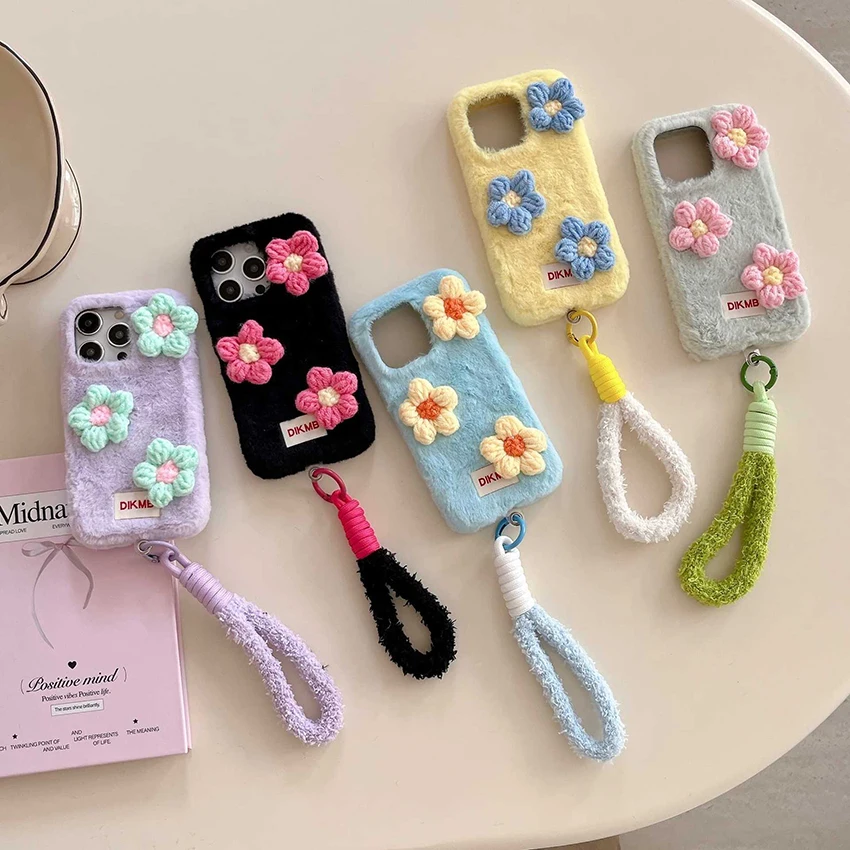 

Knitted floral phone case for iPhone 17 16 15 14 Pro Max 16Promax plush solid color phone case plush lanyard cover unique shell