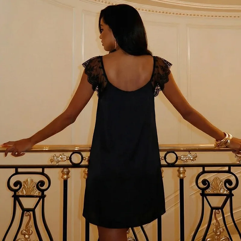 فستان نسائي قصير بدون أكمام مزين بالدانتيل من Absobe فستان قصير مرقع من الساتان برقبة مربعة ورباط علوي مثير بدون ظهر للعطلات فستان صيفي قصير